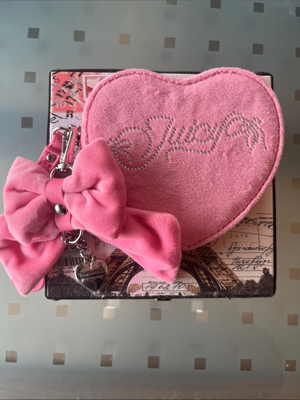 Juicy Couture Heart Pouch Wristlet with Bow Keychain